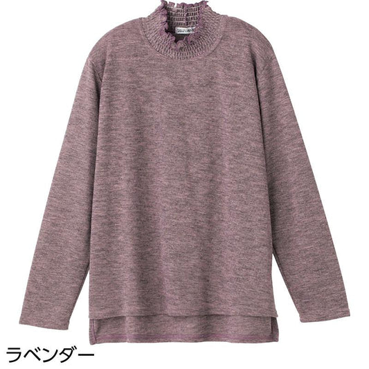 後ろ長め薄起毛シャーリング衿Ｔシャツ ラベンダー Ｍ～Ｌ