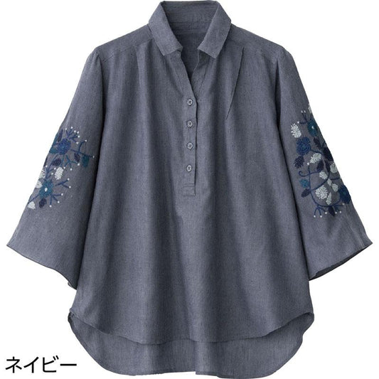 7分袖クラフト刺繍半開ブラウス ネイビー Ｌ