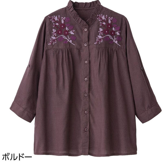7分袖クラフト刺繍前開きブラウス ボルドー ＬＬ