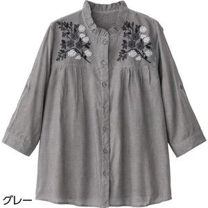 7分袖クラフト刺繍前開きブラウス グレー Ｌ