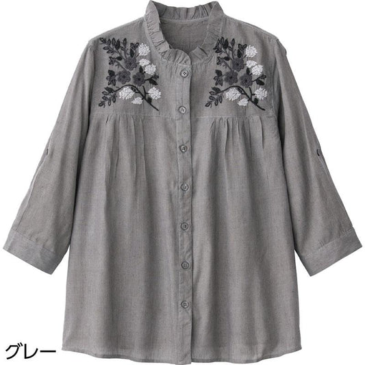 7分袖クラフト刺繍前開きブラウス グレー Ｌ