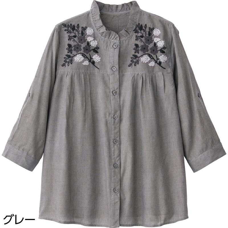 7分袖クラフト刺繍前開きブラウス グレー ＬＬ