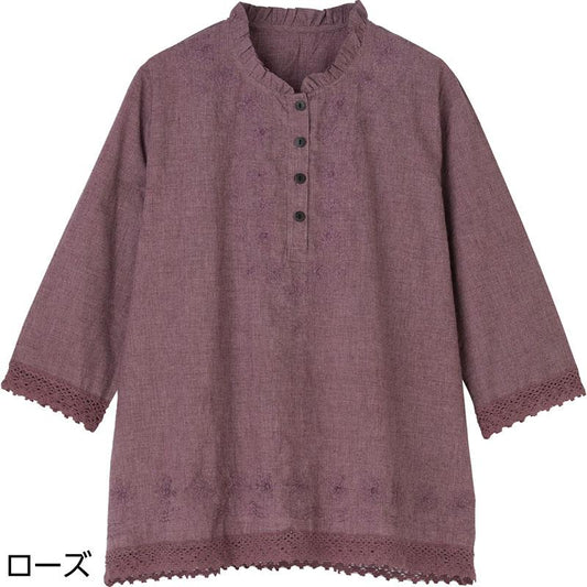 7分袖刺繍半開ブラウス ローズ Ｌ