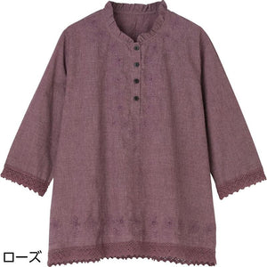 7分袖刺繍半開ブラウス ローズ ＬＬ