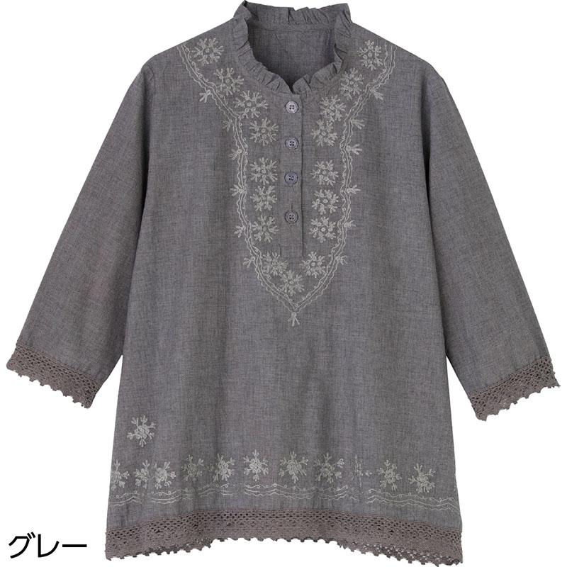 7分袖刺繍半開ブラウス グレー Ｌ