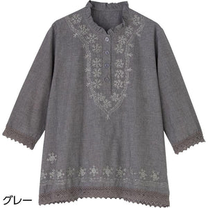 7分袖刺繍半開ブラウス グレー Ｌ
