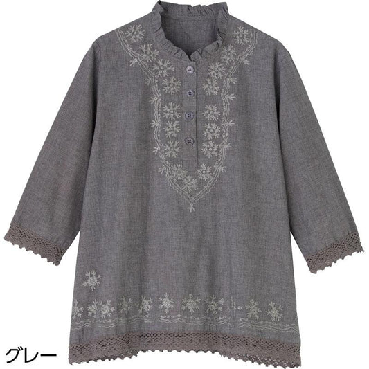 7分袖刺繍半開ブラウス グレー Ｍ