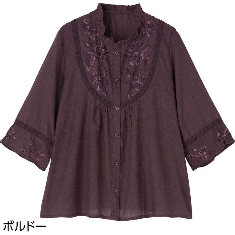 7分袖刺繍前開きブラウス ボルドー Ｍ