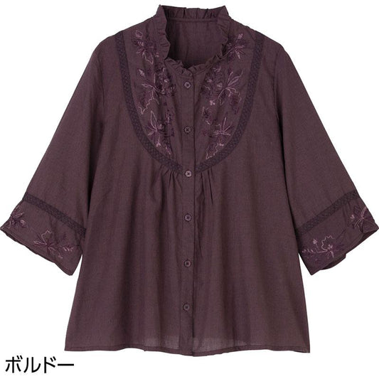 7分袖刺繍前開きブラウス ボルドー Ｍ