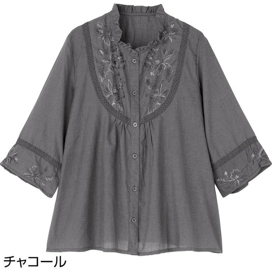 7分袖刺繍前開きブラウス チャコール Ｍ