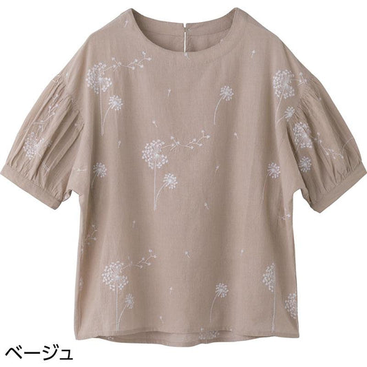 5分袖前後飛び刺繍Ｔブラウス ベージュ Ｌ