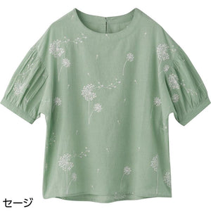 5分袖前後飛び刺繍Ｔブラウス セージ ＬＬ