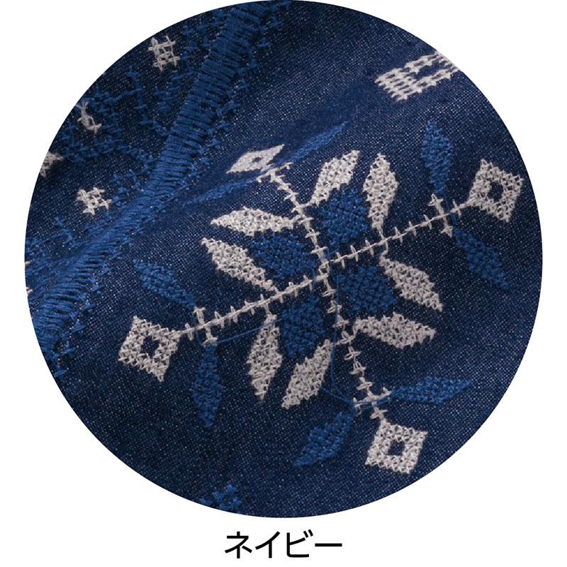 7分袖デニム刺繍前開きブラウス ネイビー Ｌ