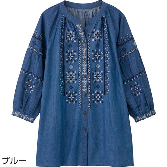 7分袖デニム刺繍前開きブラウス ブルー ＬＬ