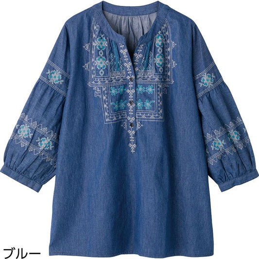 7分袖デニム刺繍半開ブラウス ブルー Ｌ