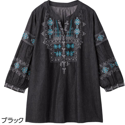 7分袖デニム刺繍半開ブラウス ブラック Ｍ