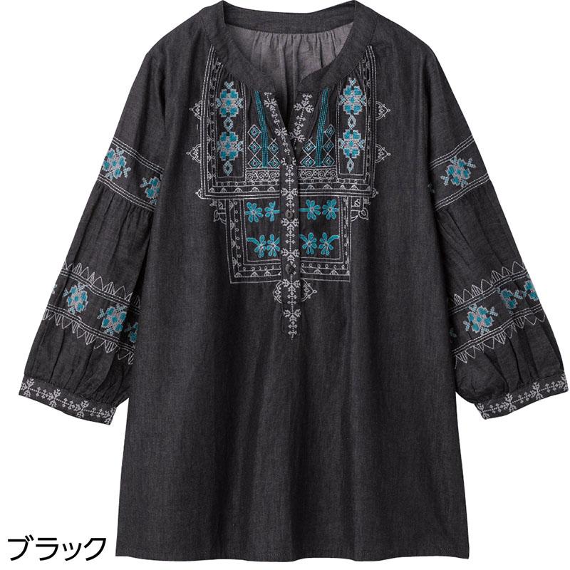 7分袖デニム刺繍半開ブラウス ブラック ＬＬ