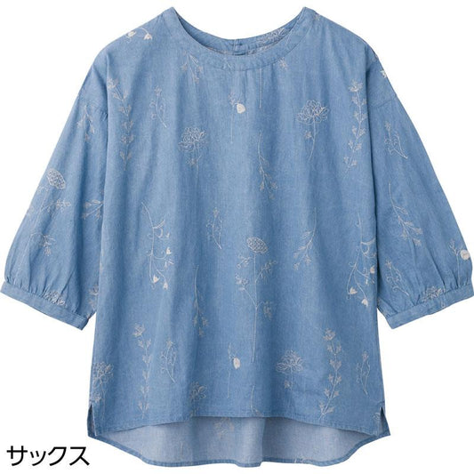 7分袖デニム刺繍Ｔブラウス サックス ＬＬ