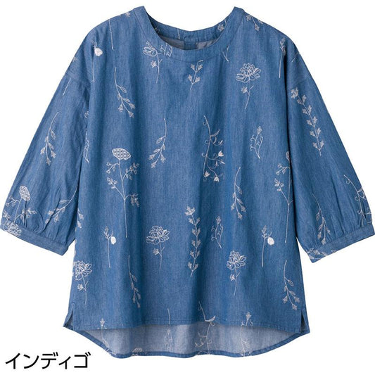 7分袖デニム刺繍Ｔブラウス インディゴ Ｌ