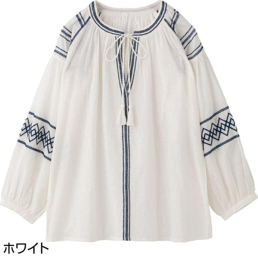 8分袖タッセル付配色刺繍Ｔブラウス ホワイト ＬＬ