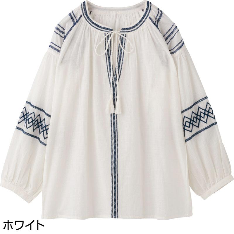 8分袖タッセル付配色刺繍Ｔブラウス ホワイト Ｌ