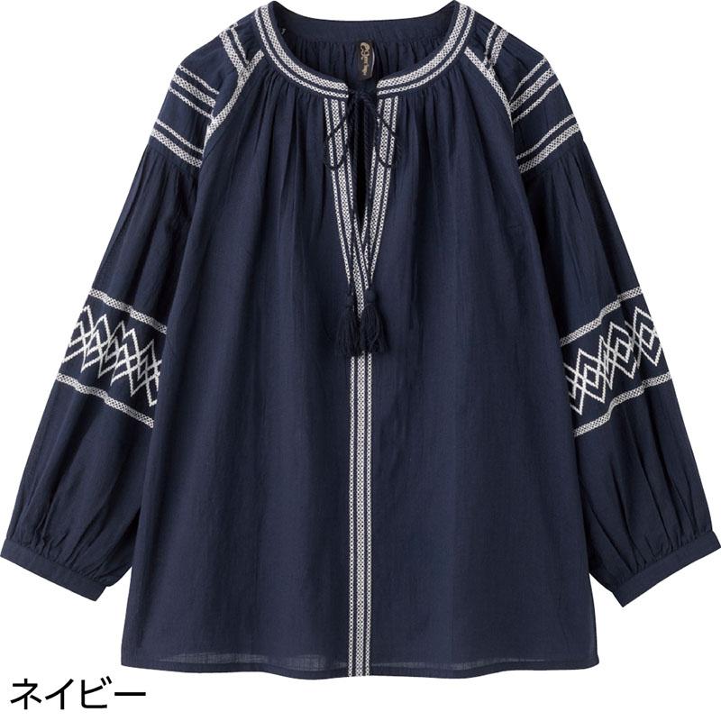 8分袖タッセル付配色刺繍Ｔブラウス ネイビー Ｌ