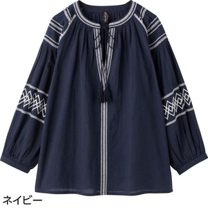 8分袖タッセル付配色刺繍Ｔブラウス ネイビー Ｌ