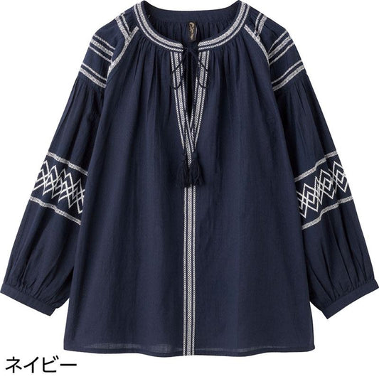 8分袖タッセル付配色刺繍Ｔブラウス ネイビー ＬＬ