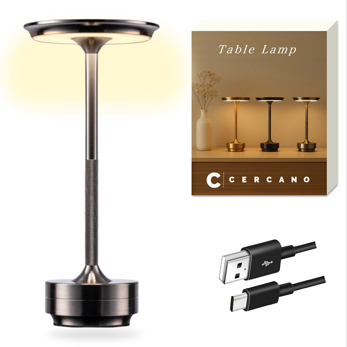 テーブルランプ 間接照明 デスクライト USB充電 おしゃれ コードレス 3色切り替え アンティーク 北欧風 LED 日本ブランド Cercano (セルカノ) (シルバー)