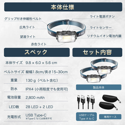 ヘッドライト LED 充電式 ネックライト 17時間点灯 ケース付き 超広角 小型 センサー搭載 防災 防水 キャンプ 登山 釣り 日本ブランド Cercano (セルカノ) (2, 黒色)２セット