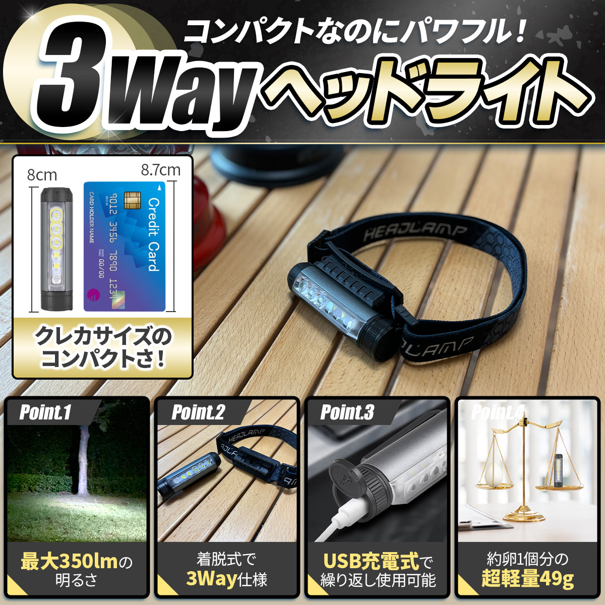 ヘッドライト USB充電式 3way コンパクト ネックライト 高輝度 USB 超