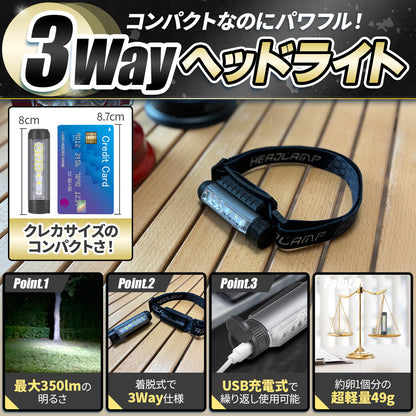 ヘッドライト USB充電式 3way コンパクト ネックライト 高輝度 USB 超広角 軽量 LED 防災 防水 キャンプ 登山 ハイキング 釣り日本ブランド Cercano (セルカノ)