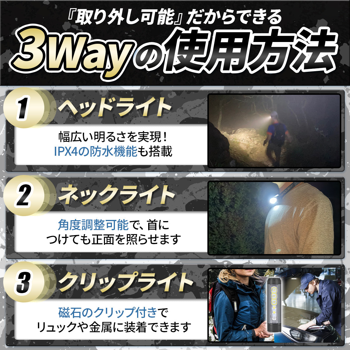 ヘッドライト USB充電式 3way コンパクト ネックライト 高輝度 USB 超広角 軽量 LED 防災 防水 キャンプ 登山 ハイキング 釣り日本ブランド Cercano (セルカノ)