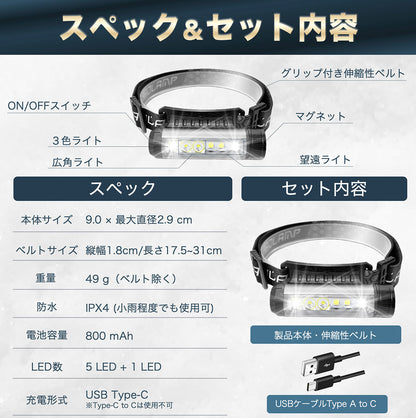ヘッドライト USB充電式 3way コンパクト ネックライト 高輝度 USB 超広角 軽量 LED 防災 防水 キャンプ 登山 ハイキング 釣り日本ブランド Cercano (セルカノ)