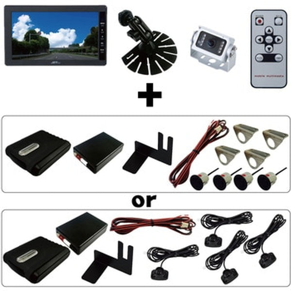 ジェットイノウエ AHD超広角バックカメラ & 7インチ高精細モニター＆センサー付セット バックカメラセット + 貼り付けバックセンサー ×4個セット 592733