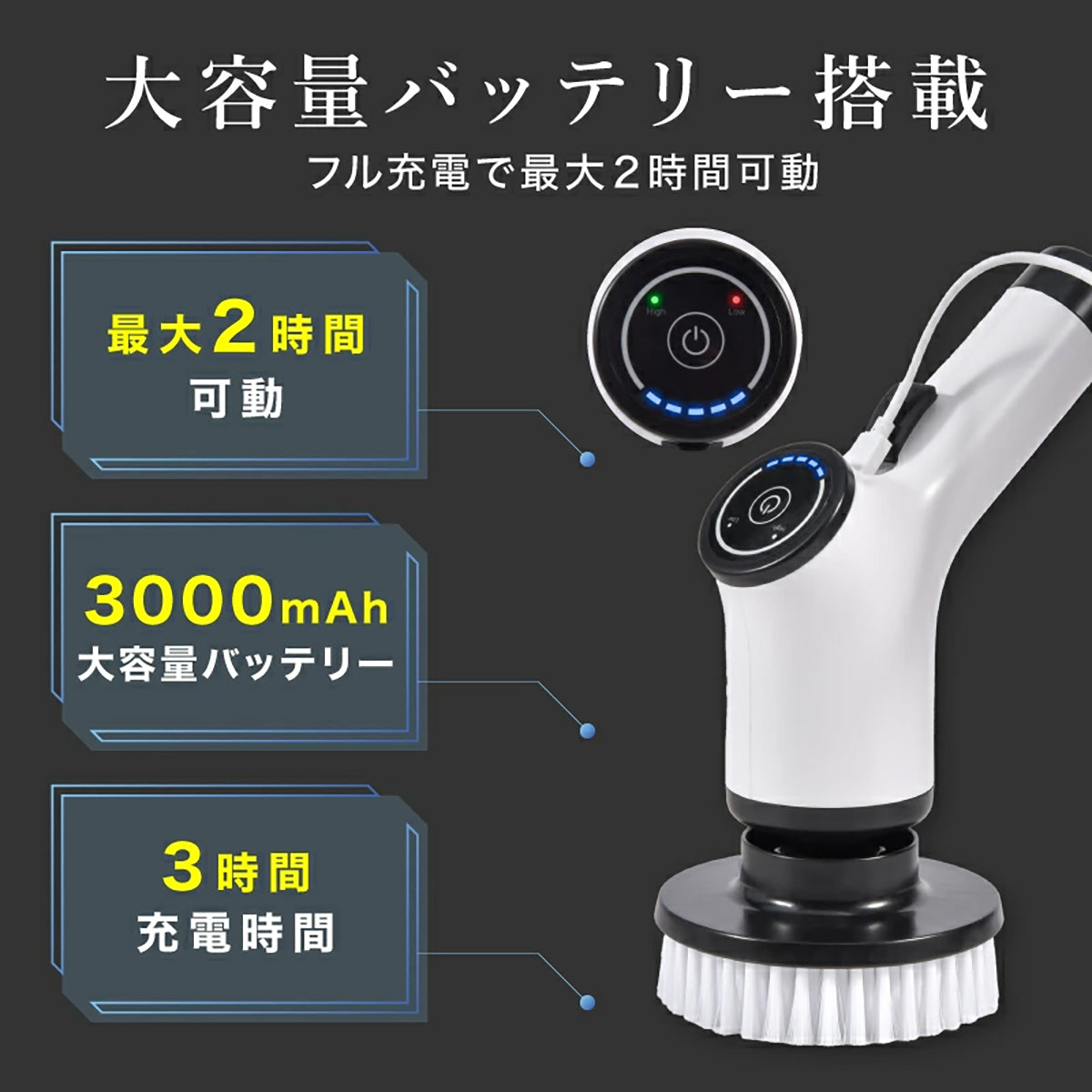 MONOWA 電動お掃除ブラシセット 8種類ブラシ付き 2段階速度調整 コードレス 充電式 防水仕様 ロングハンドル＆ハンディ両用