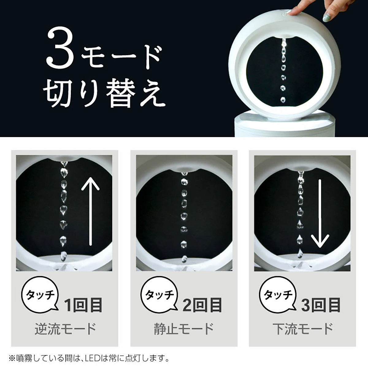反重力デザイン 加湿器 680ml 超音波式 空焚き防止 LEDライト付き 卓上 おしゃれ USB給電 3モード切替 ホワイト