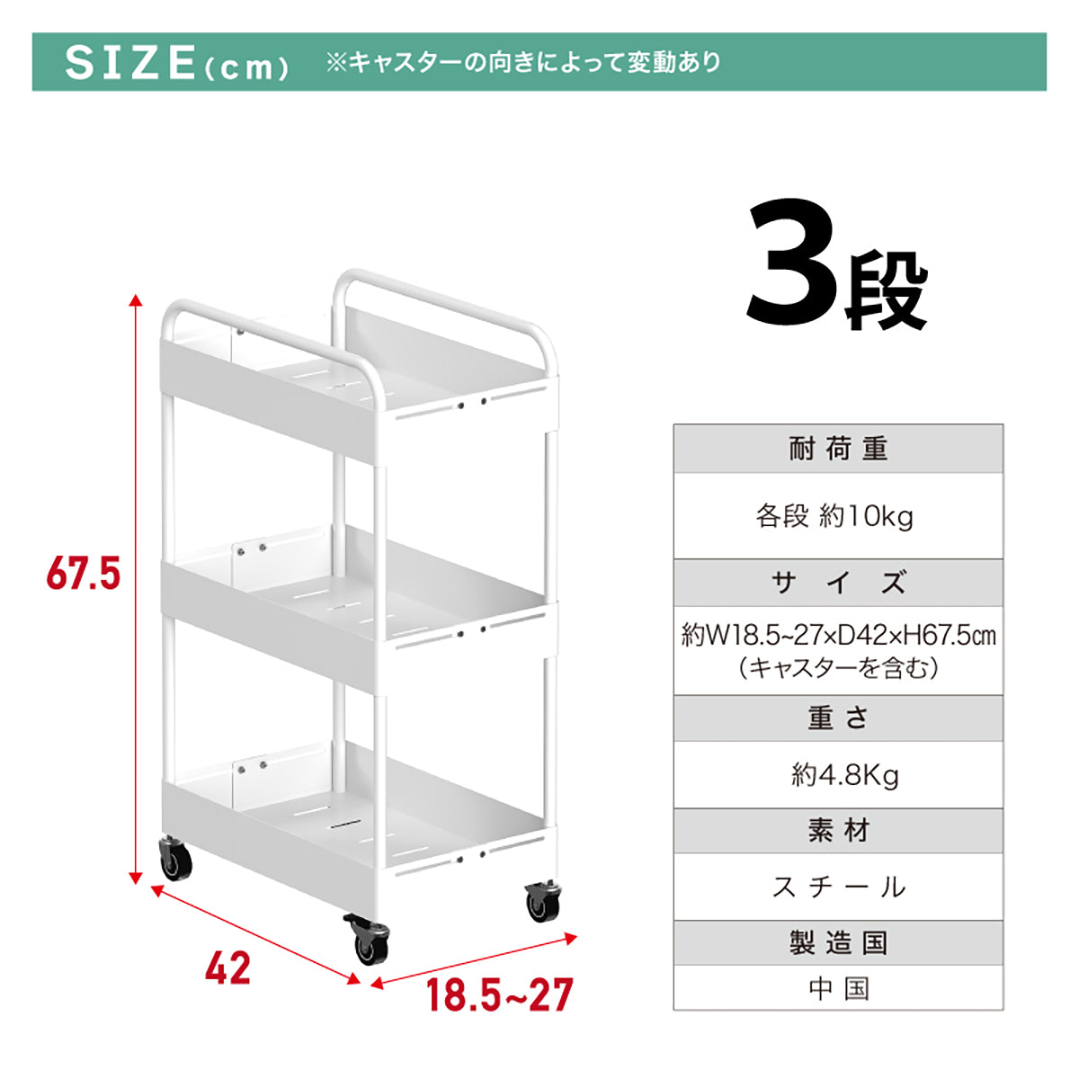 幅18.5〜27cm調整 ワイドチェンジストッカー（3段）隙間フィット・スチール製・キャスター付き ホワイト