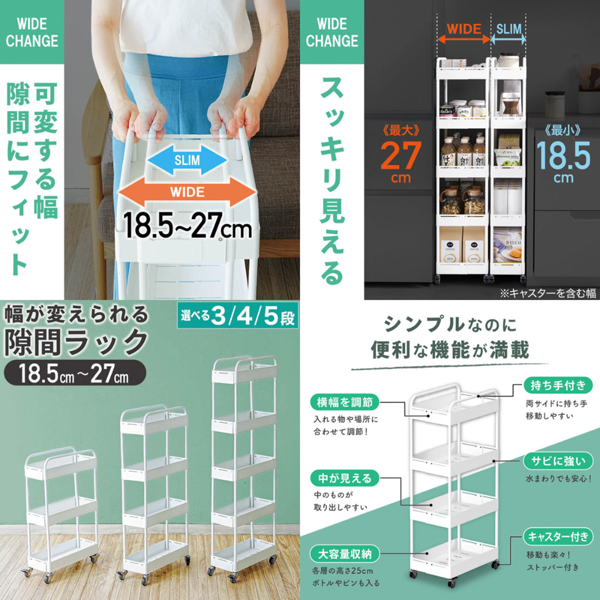 幅18.5〜27cm調整 ワイドチェンジストッカー（3段）隙間フィット・スチール製・キャスター付き ホワイト