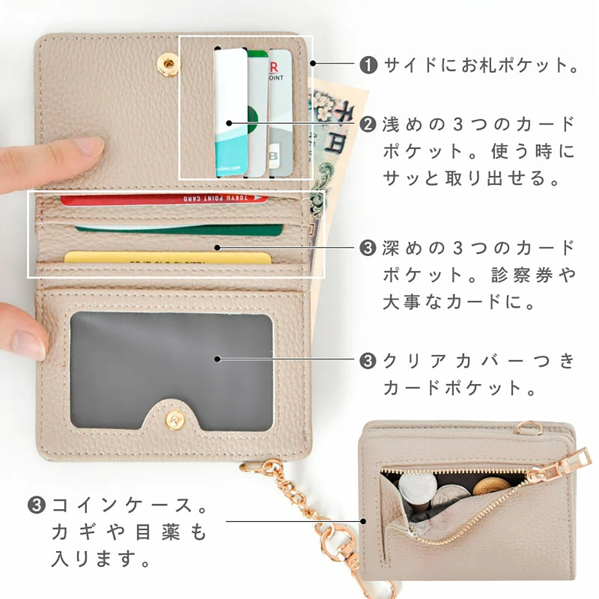 スリムミニウォレット コイン収納つきパスケース カード9枚収納・お札も入るミニ財布・PUレザー製・チェーン付き ベージュ