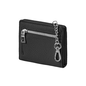 スリムミニウォレット コイン収納つきパスケース カード9枚収納・お札も入るミニ財布・PUレザー製・チェーン付き ブラック