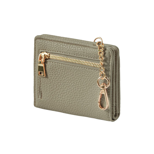 スリムミニウォレット コイン収納つきパスケース カード9枚収納・お札も入るミニ財布・PUレザー製・チェーン付き カーキ
