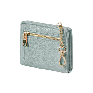 スリムミニウォレット コイン収納つきパスケース カード9枚収納・お札も入るミニ財布・PUレザー製・チェーン付き スモーキーブルー