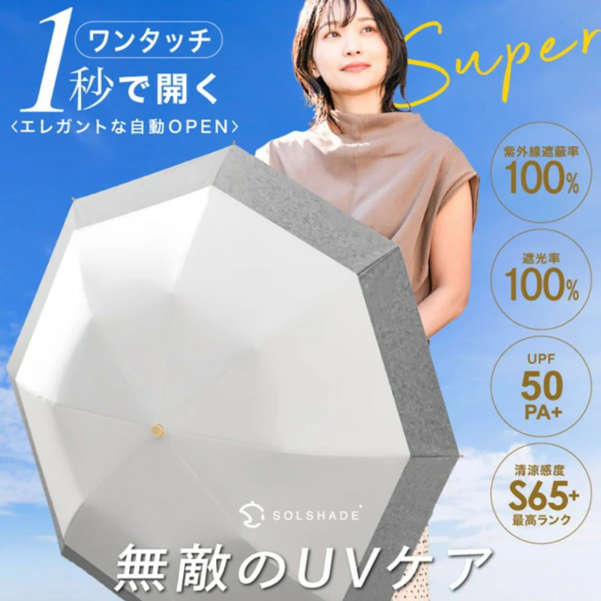 自動開閉 折りたたみ傘 晴雨兼用 遮光100％ UVカット 軽量 耐風 (ホワイト×杢グレー)