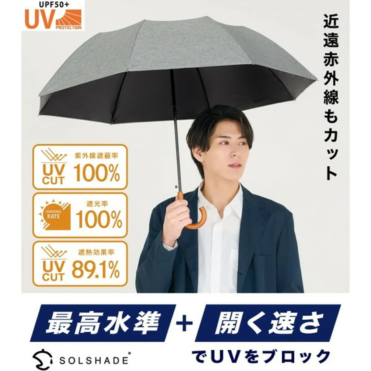自動開閉 折りたたみ傘 晴雨兼用 UVカット 木目調グリップ 軽量 耐風 (杢グレージュ)