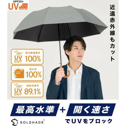 自動開閉 折りたたみ傘 晴雨兼用 UVカット 木目調グリップ 軽量 耐風 (杢ブラック)