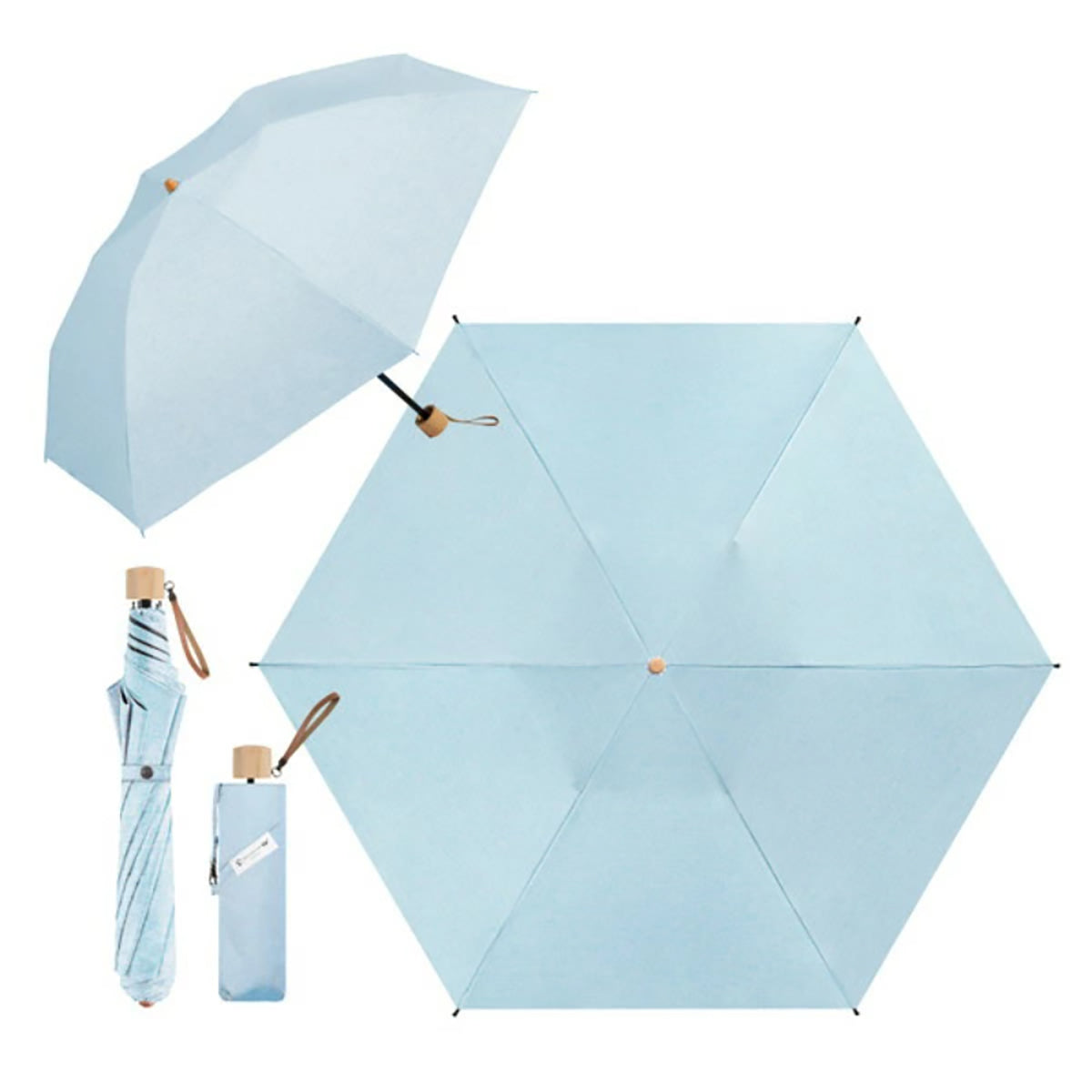 超軽量 折りたたみ傘 晴雨兼用 UV対策 天然木グリップ 2WAY収納 カラビナ付き (杢ブルー)