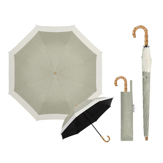 晴雨兼用 折りたたみ傘 軽量260g 遮光100％ 耐風 天然木グリップ（杢グレージュ）