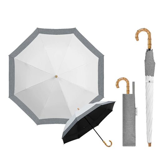 晴雨兼用 折りたたみ傘 軽量260g 遮光100％ 耐風 天然木グリップ（ホワイト×杢グレー）