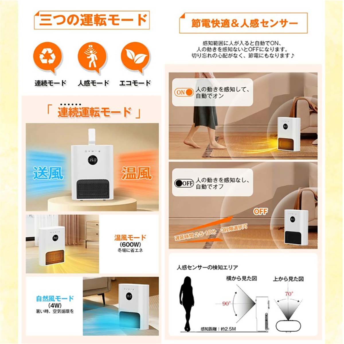 壁掛けヒーター　人感センサー付　超軽量